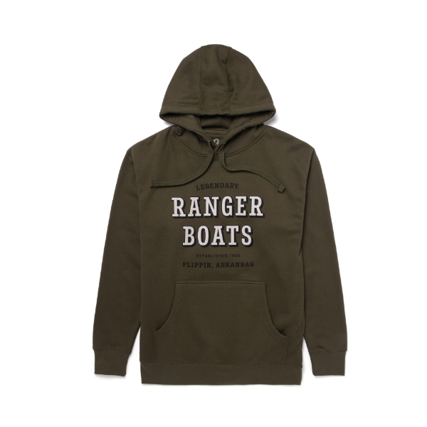 Ranger Olive Hoodie with Ranger Boats logo on the front