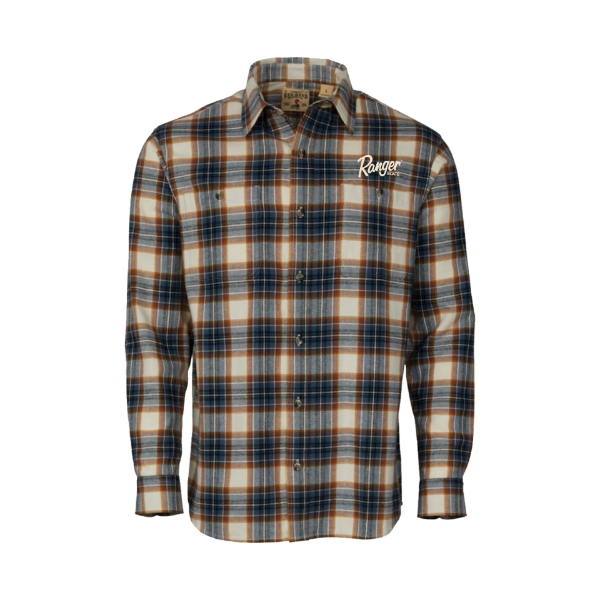 Orange, beige, and blue plaid button down with pockets on each side of the button down. Ranger boats logo embroidered above left chest pocket.