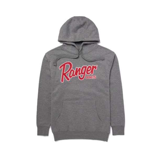 Ranger Carbon Grey Hoodie with red Ranger Boats logo on the front