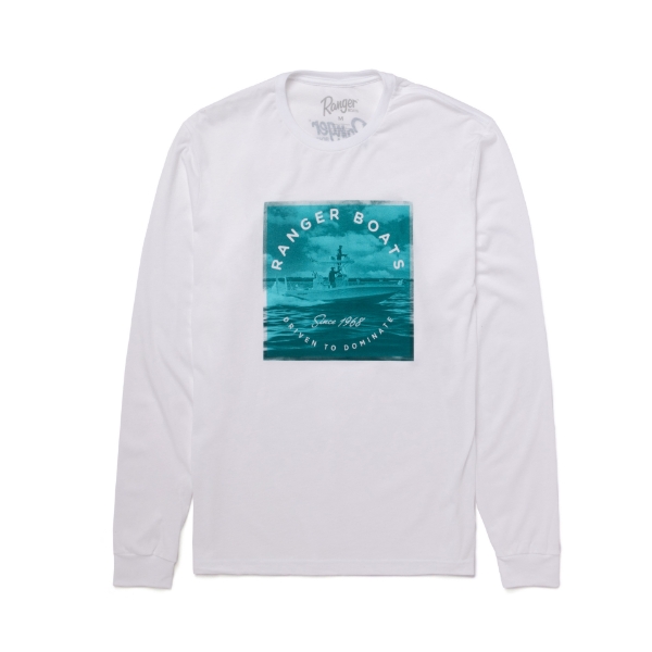 Ranger Unisex White Long Sleeve with Ranger Boats graphic design on the front