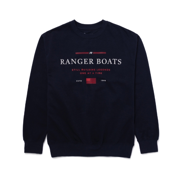 Image of the Ranger Navy Crewneck with white Ranger Boats logo on the front