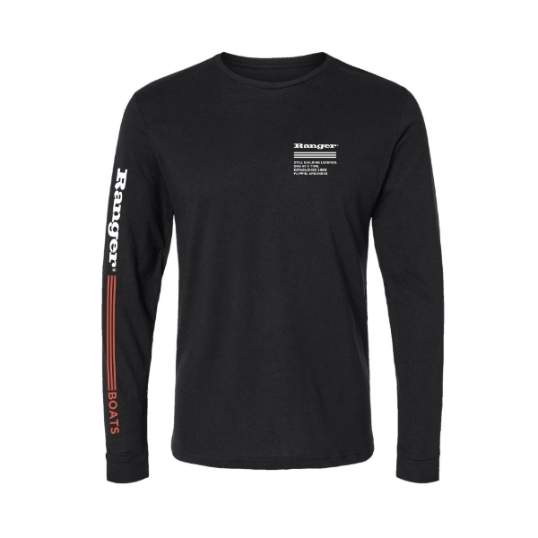 Image of the Ranger Unisex Black LS Tee with white Ranger logo on the left chest and right sleeve