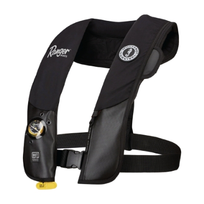Mustang Hydrostatic Inflatable Life Jacket Mustang Hydrostatic Inflatable Life Jacket with Ranger Boats logo on the wearer's left chest.