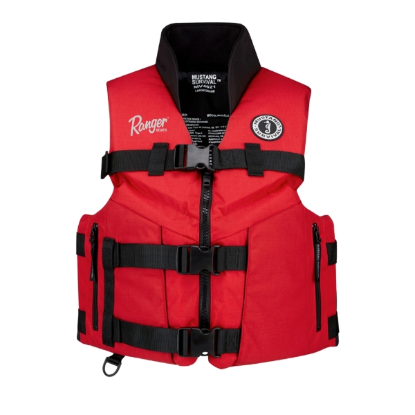 Red foam life vest with black interior and trim. Ranger boats logo on wearer's left chest.