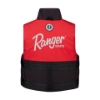 Back of red foam life vest with bottom half and trim black. Ranger boats logo in reflective silver on the back of the vest.