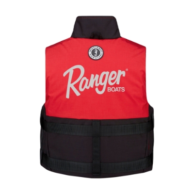 Ranger Fishing Foam Vest Red foam life vest with black interior and trim. Ranger boats logo on wearer's left chest.