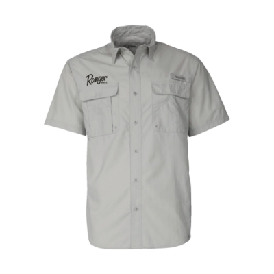 Ranger SS Fishing Button Up Light grey fishing shirt with a pocket on each side of the chest. Ranger boats logo embroidered above the pocket on the wearer's left chest.