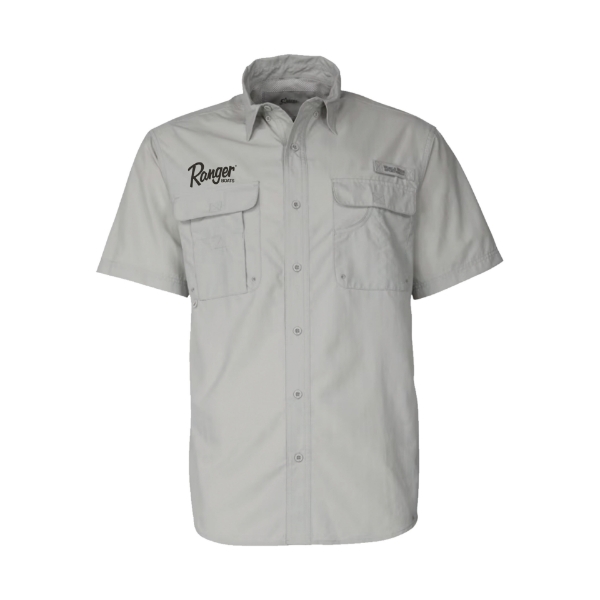 Light grey fishing shirt with a pocket on each side of the chest. Ranger boats logo embroidered above the pocket on the wearer's left chest.