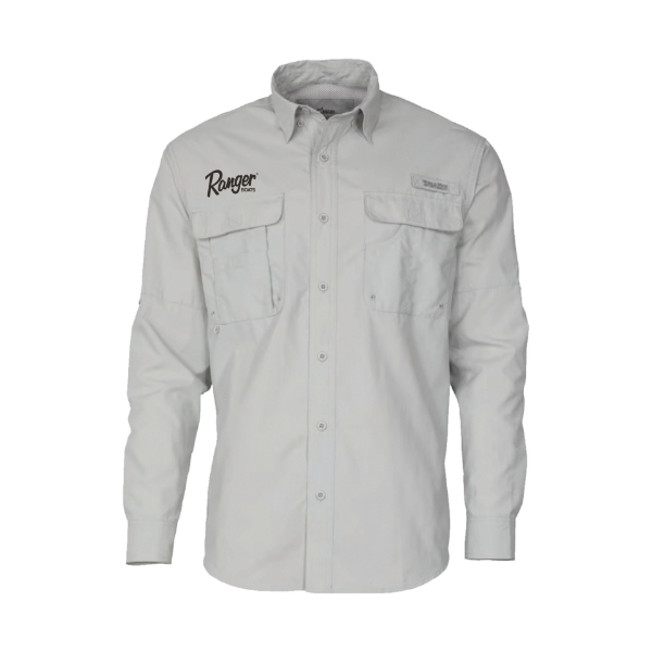 Grey long sleeve button up fishing shirt with 1 pocket on each side of the front of the shirt. Ranger boats logo embroidered above pocket on wearer's left pocket.