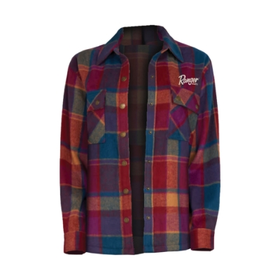 Ranger Ladies Shacket Red, blue, and orange plaid button down shacket. Pocket on each side of the button down with the Ranger boats logo embroidered above the wearer's left chest pocket.