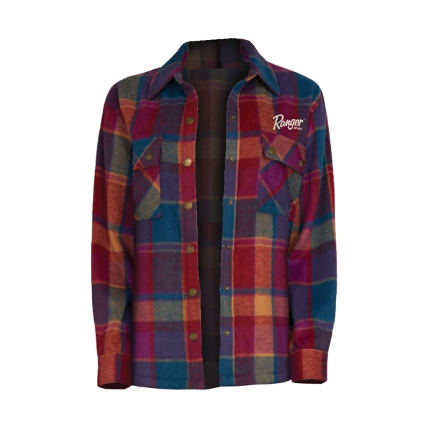 Red, blue, and orange plaid button down shacket. Pocket on each side of the button down with the Ranger boats logo embroidered above the wearer's left chest pocket.