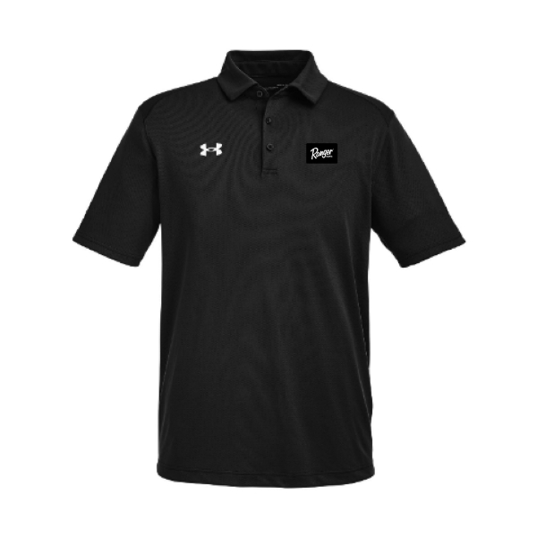 Black under armour short sleeve polo with white under armour logo on the right chest and the ranger boats logo on the left chest