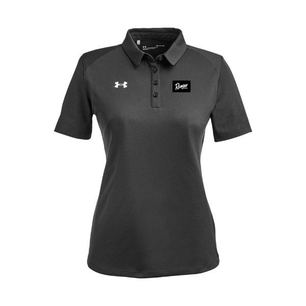 Black under armour short sleeve polo in a women's fit. Under armour logo on the right chest and the ranger boats logo on the left chest.