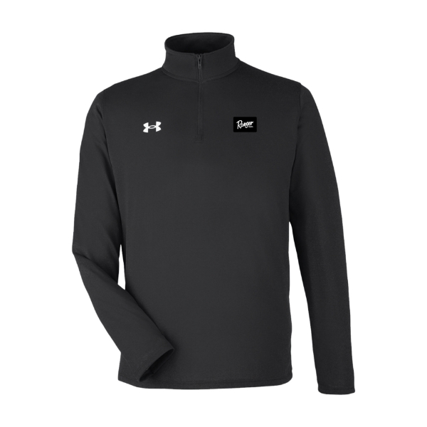 Black under armour 1/4 zip with white under armour logo on the right chest and the ranger boats logo on the left chest