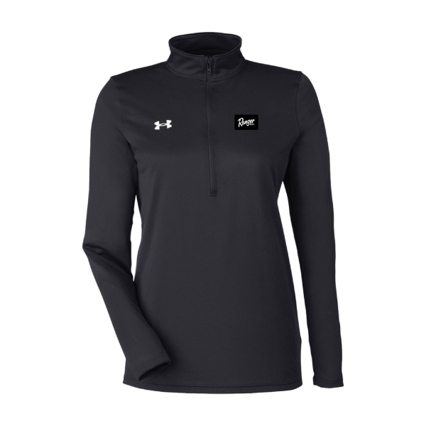 Black under armour 1/4 zip in a women's fit. Under armour logo on the right chest and the ranger boats logo on the left chest.