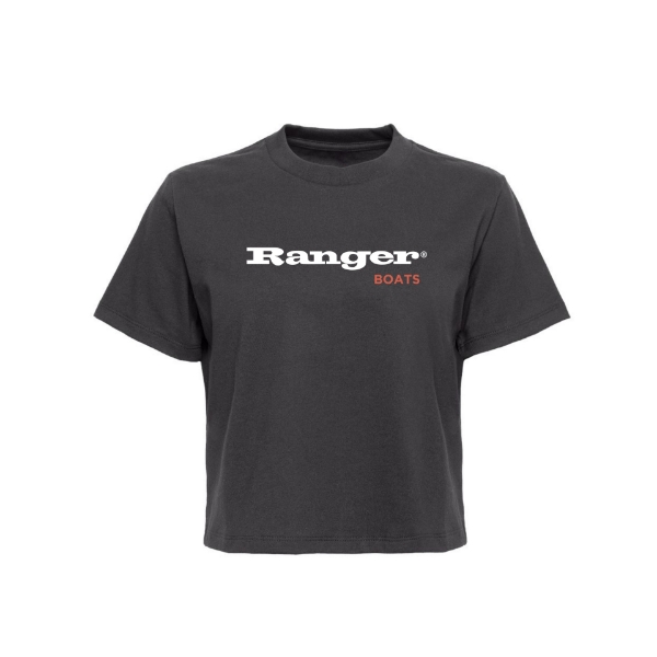 Image of the Ranger Women's Crop Graphite Black with Ranger Boats logo on the front