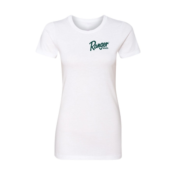 Front image of the Ranger Women's SS Tee White Front with Ranger Boats logo on the left chest