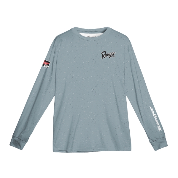 Front image of the Ranger Spray Indigo Performance Longsleeve with Ranger  logo on the left chest, left sleeve and Ranger cup on the right sleeve