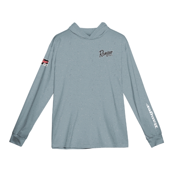 Front image of the Ranger Spray Indigo Hooded Performance Longsleeve with Ranger logo on the left chest, left sleeve and Ranger Cup on the right sleeve