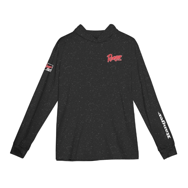 Front image of the Ranger Spray Stealth Hooded Performance Longsleeve with Ranger logo on the left chest, left sleeve and Ranger Cup on the right sleeve