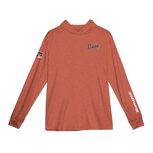 Image of the Ranger Spray Terracotta Hooded Performance Longsleeve with Ranger logo on the left chest, left sleeve and Ranger Cup on the right sleeve