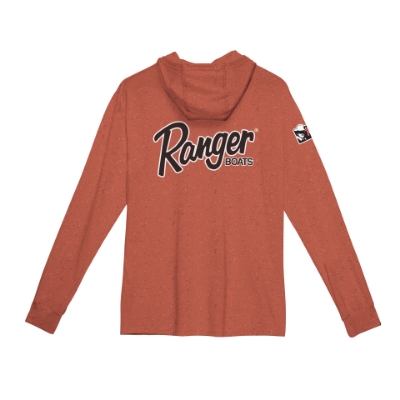 Ranger Spray Terracotta Hooded Performance Longsleeve Image of the Ranger Spray Terracotta Hooded Performance Longsleeve with Ranger logo on the left chest, left sleeve and Ranger Cup on the right sleeve