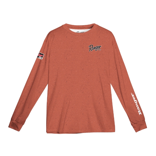 Front Image of the Ranger Spray Terracotta Performance Longsleeve with Ranger logo on the left chest, left sleeve and Ranger Cup on the right sleeve