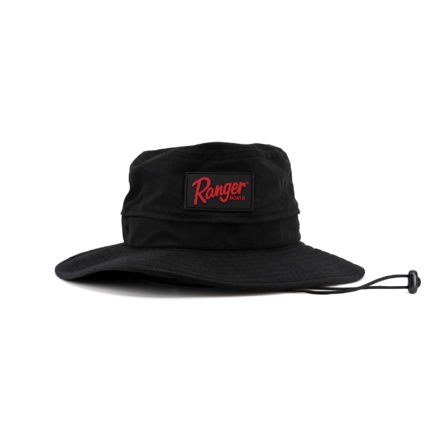 Image of the Black Bucket Hat with red Ranger Boats logo on the front