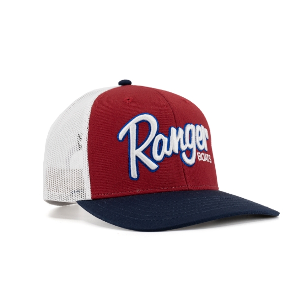 Right view image of the Red, White & Blue Ranger Hat with white Ranger Boats logo on the front