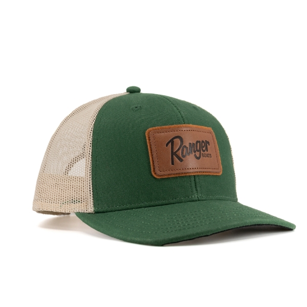 Right  view image of the Green Trucker Hat with Ranger Boats patch on the front