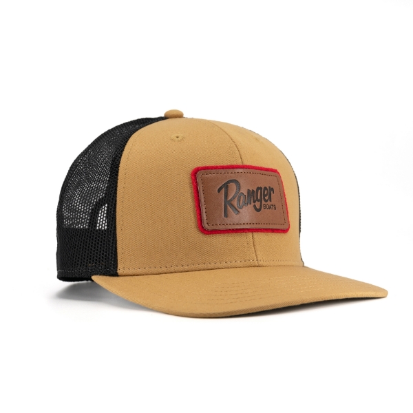 Right view image of the Leather Patch Hat with Ranger Boats patch on the front