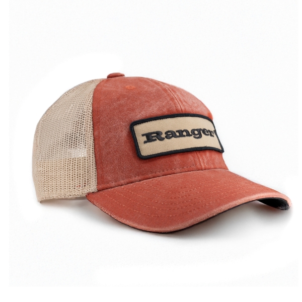 Right view image of the Red Unstructured Hat with Ranger logo on the front