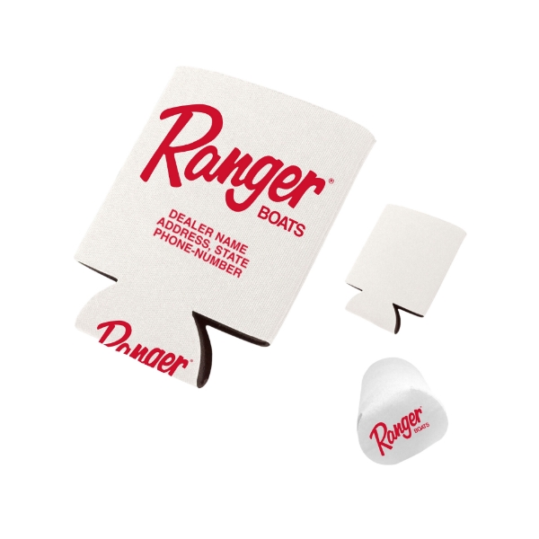 Image of the white Dealer Co-Brand Koozie with red Ranger  Boats logo