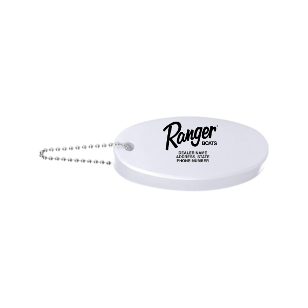 Image of the white Dealer Co-Brand Keychain with black Ranger Boats logo
