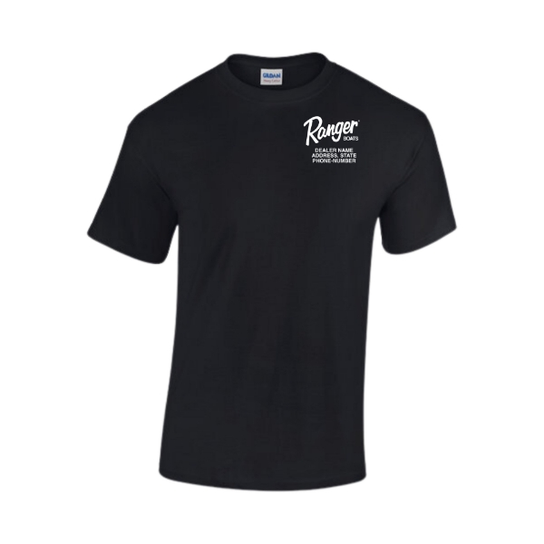 Front image of the Dealer Co-Brand Black Tee with white Ranger Boats logo on the left chest