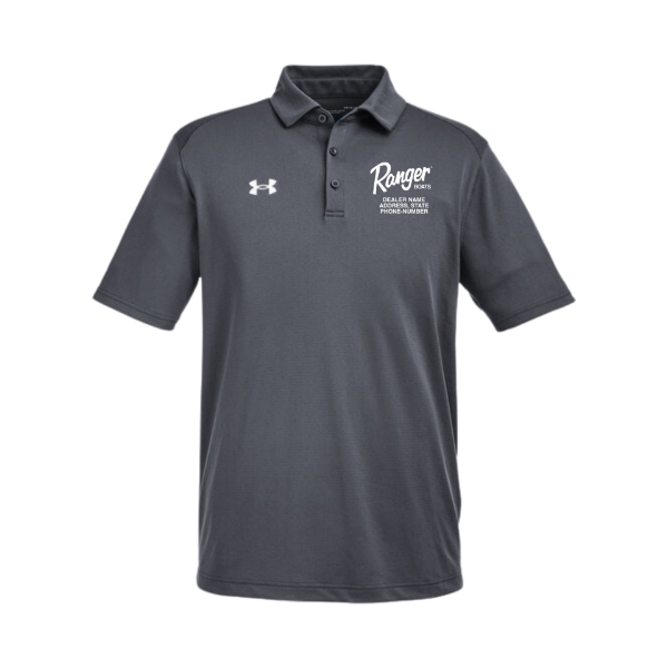 Front image of the Dealer Co-Brand Grey Under Armour Polo with white Ranger Boats logo on the left chest and Under Armour logo on the right chest