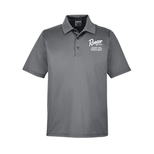 Front image of the Dealer Co-Brand Grey Team 365 Polo with white Ranger Boats logo on the left chest