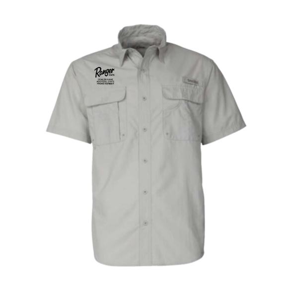 Front image of the Dealer Co-Brand SS Fishing Shirt with black Ranger Boats logo on the right chest