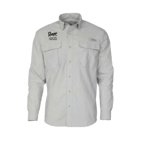 Front image of the Dealer Co-Brand LS Fishing Shirt with black Ranger Boats logo on the right chest