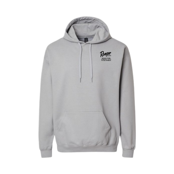 Front image of the Dealer Co-Brand Grey Hoodie with black Ranger Boats logo on the left chest