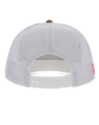 Tan Capsule Hat A brown trucker-style baseball cap with a curved brim is displayed. The front of the cap has a white oval patch. Inside the oval is the cursive word "Ranger" stacked above the smaller word "BOATS" and then "FLIPPIN, ARK." below that. The back of the cap is made of white mesh.