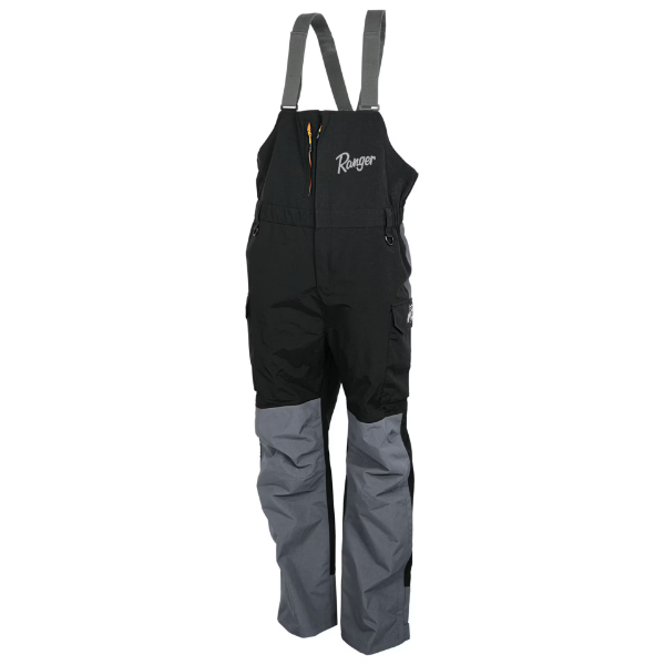 Front view of Ranger Bass Pro Shops HPR Bibs in black and gray with zippered chest pocket and adjustable shoulder straps.