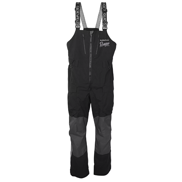 Front view of Ranger Johnny Morris Guidewear Elite Waterproof Bibs in black and gray, featuring adjustable logo suspenders and weather-sealed zip chest pockets.
