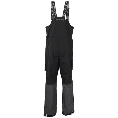 Ranger Guidewear Elite Waterproof Bibs by Johnny Morris - Front View Front view of Ranger Johnny Morris Guidewear Elite Waterproof Bibs in black and gray, featuring adjustable logo suspenders and weather-sealed zip chest pockets.