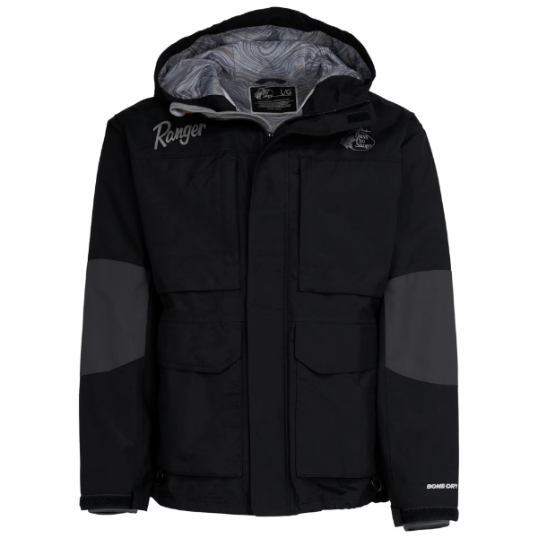 Front view of Ranger Bass Pro Shops HPR Jacket with multi-pocket design, Bone-Dry logo on the sleeve, adjustable cuffs, and branded hood lining.