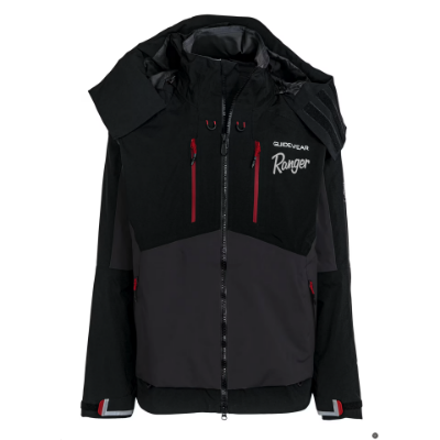 Ranger Guidewear Elite Waterproof Jacket by Johnny Morris - Front View Front view of Ranger Johnny Morris Guidewear Elite Waterproof Jacket in black and charcoal with red zipper accents, high-collar hood, and multiple chest and side pockets.