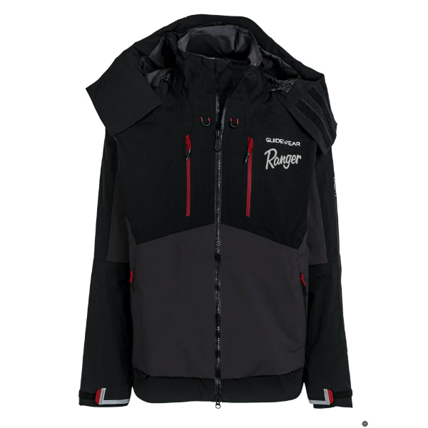 Front view of Ranger Johnny Morris Guidewear Elite Waterproof Jacket in black and charcoal with red zipper accents, high-collar hood, and multiple chest and side pockets.