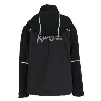 Ranger Guidewear Elite Waterproof Jacket by Johnny Morris - Front View Front view of Ranger Johnny Morris Guidewear Elite Waterproof Jacket in black and charcoal with red zipper accents, high-collar hood, and multiple chest and side pockets.