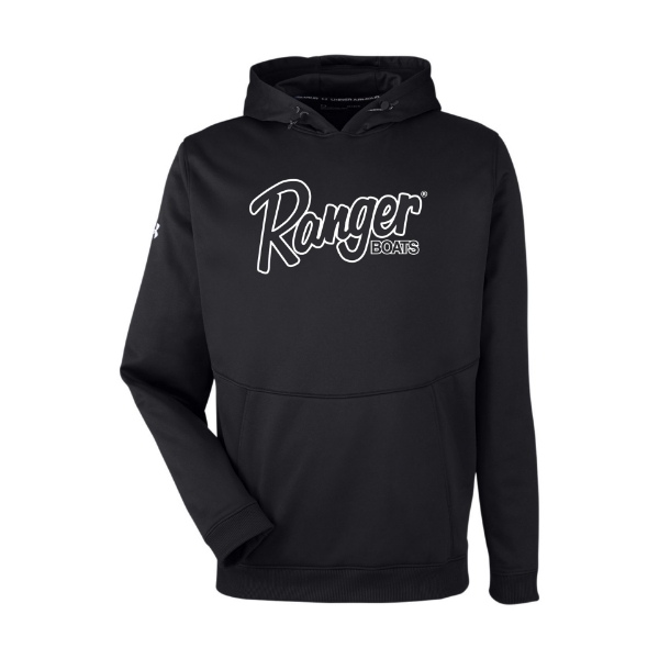 Black under armour hoodie with white under armour logo on the right chest and the ranger boats logo on the left chest