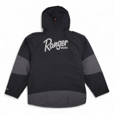 Ranger Bass Pro Shops HPR Jacket - Front View Front view of Ranger Bass Pro Shops HPR Jacket with multi-pocket design, Bone-Dry logo on the sleeve, adjustable cuffs, and branded hood lining.